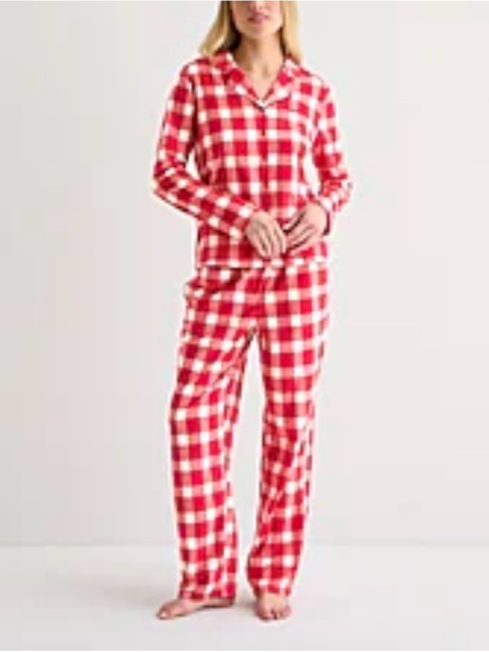 Adonna Women's Fleece Pajama Set Red/White, Long Sleeve, Button Pocket, Size 2X